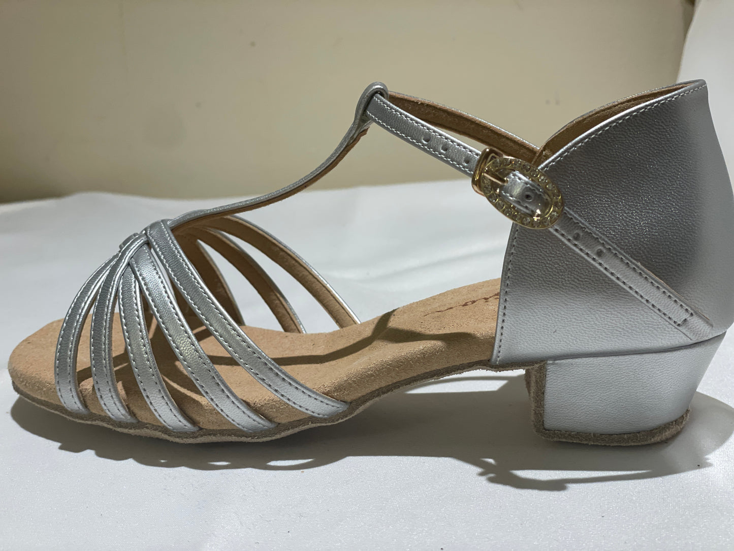 Style 605 - T-bar - White/Silver Leather 3.5cm Heels