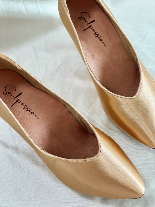 Style 202 - the Tango - Light Tan Satin - 4.5/5.5/6.5/7.5cm Flared Heels
