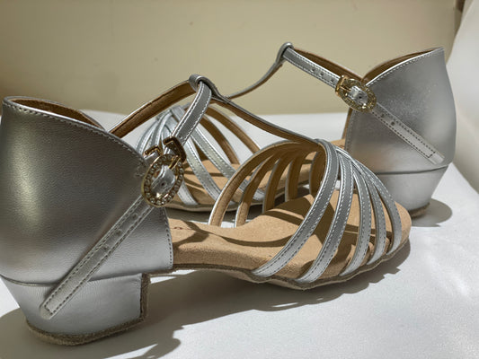 Style 605 - T-bar - White/Silver Leather 3.5cm Heels