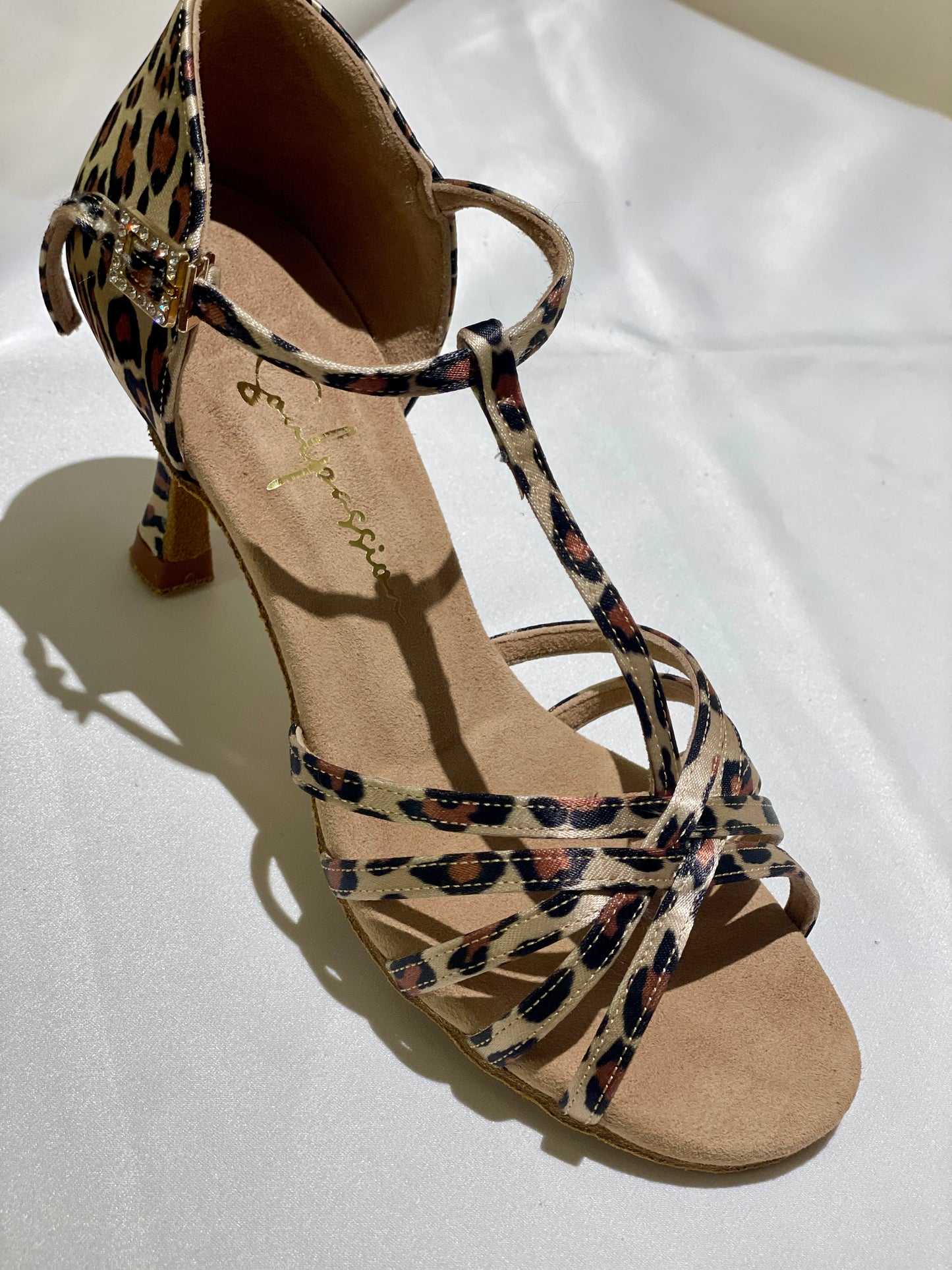Style 109 - High-end Leopard Satin T-strap 7.5cm Flared Heel